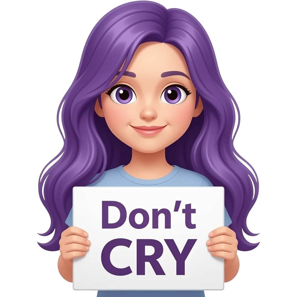 girl with long purple hair with a Don't CRY sign emoji