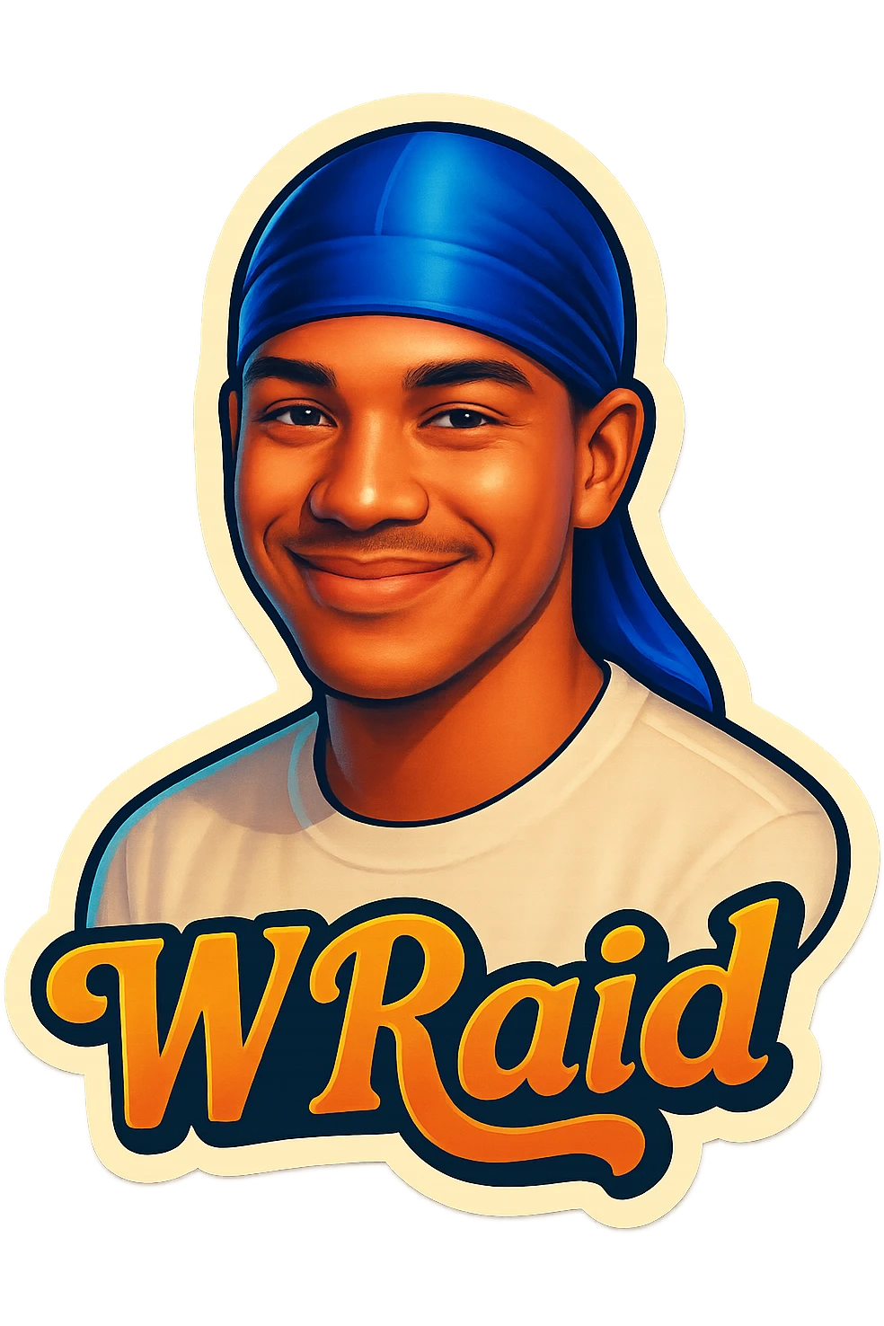 Smiling no teeth
make his shirt white
Change His durag To BLUE
Make it say "  W Raid " emoji