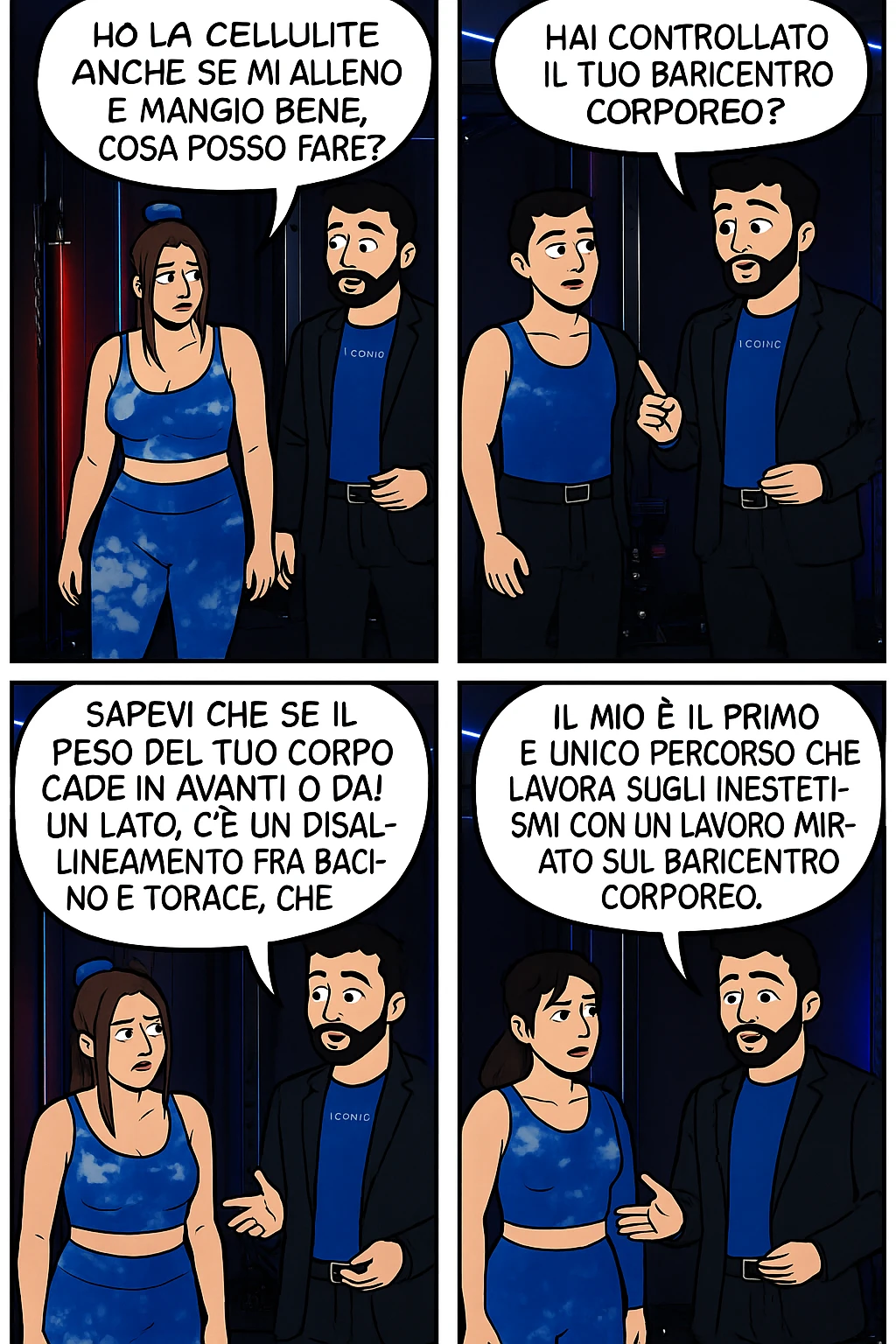 TRASFORMA QUESTO CAROSELLO IN UN FUMETTO CON QUESTE DUE PERSONE IDENTICHE CHE INTERLOQUISCONO TRA LORO:

LEI: Ho la cellulite anche se mi alleno e mangio bene, cosa posso fare?

LUI: Hai controllato il tuo baricentro corporeo?
LUI: Sapevi che se il peso del tuo corpo cade in avanti o da un lato, c’è un disallineamento fra bacino e torace, che comprimendo le coste, limita la motilità del diaframma e l’ossigenazione dei tessuti?
LUI: Il mio è il primo e unico percorso che lavora sugli inestetismi con un lavoro mirato sul baricentro corporeo. emoji