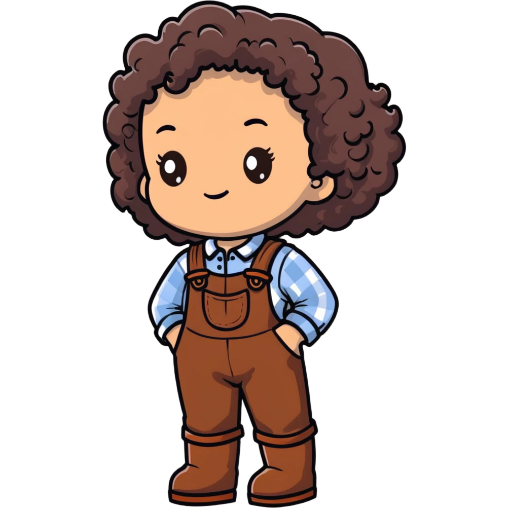white girl with very curly dark brown hair, brown eyes, wearing farm clothes emoji