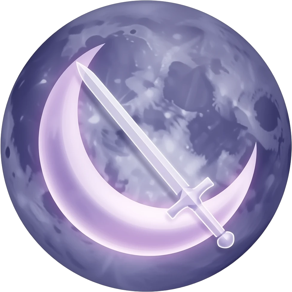 Glowing dark purple detailed crescent moon with an elegant detailed glowing transparent sword, emoji style. Soft violet and pink glow, minimal clean design, smooth edges, subtle lighting, centered, high contrast, transparent background. emoji