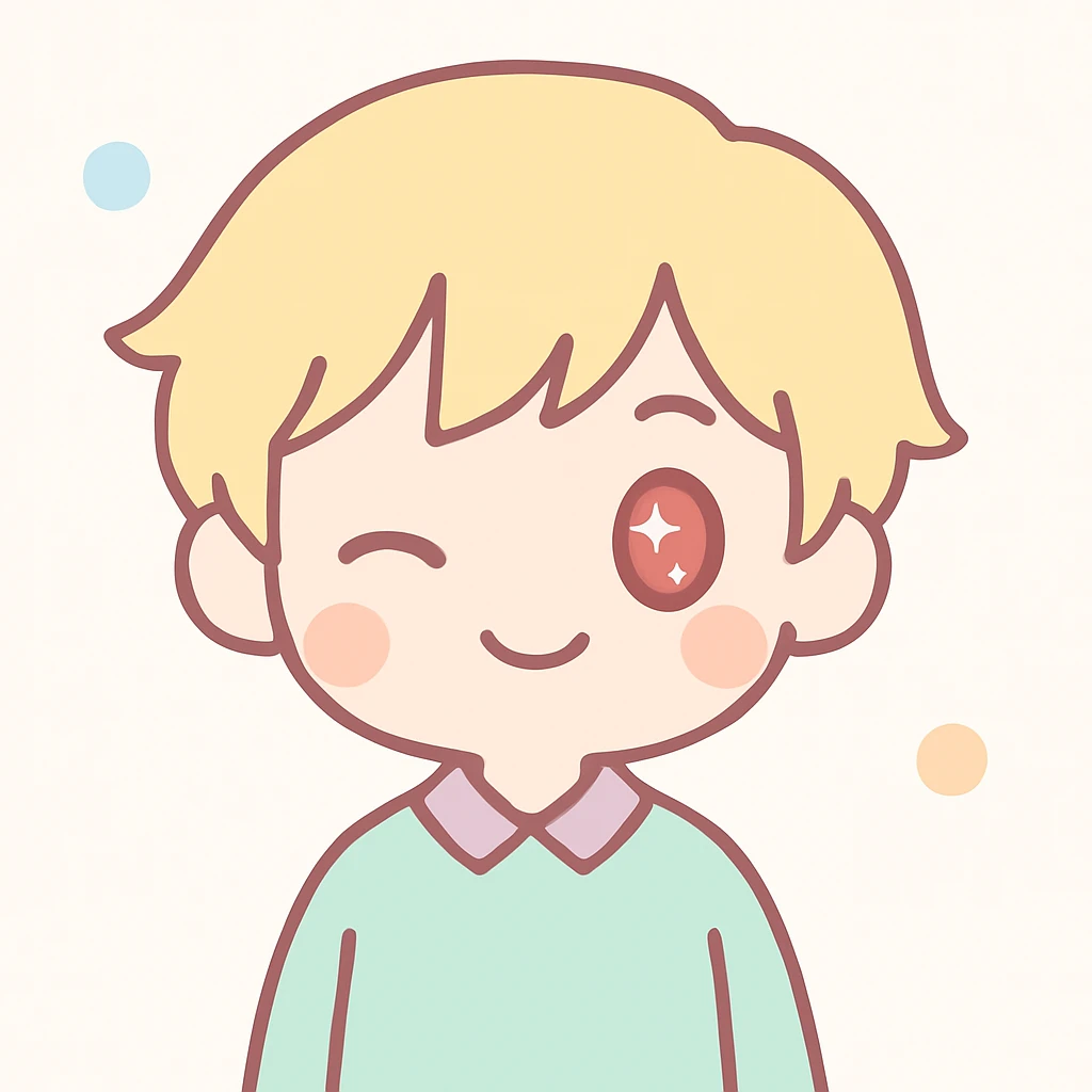 Make the Japanese man with red eyes and blond hair wink, smiling, in kawaii style. emoji