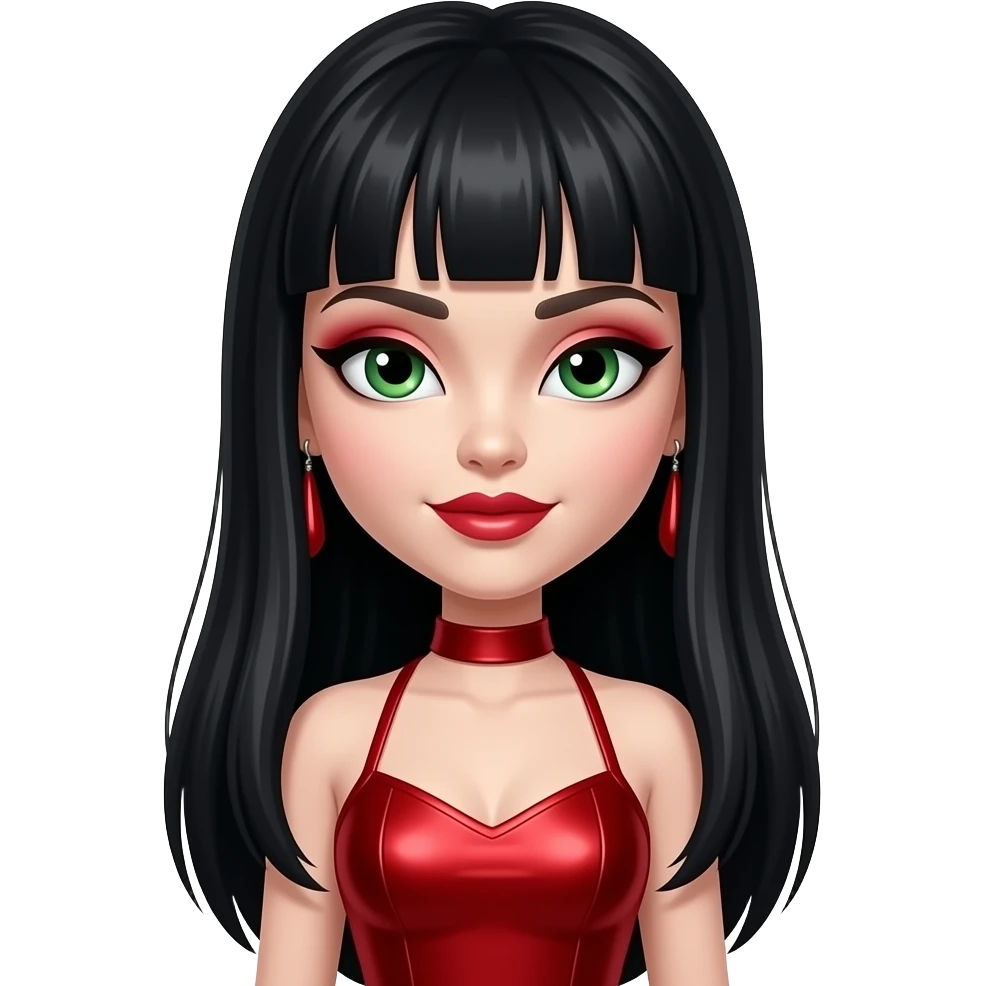 Jade from Bratz with white skin, green eyes, long black hair with bang, red eyeshadow, red lipstick, red metallic halter dress, red earrings emoji