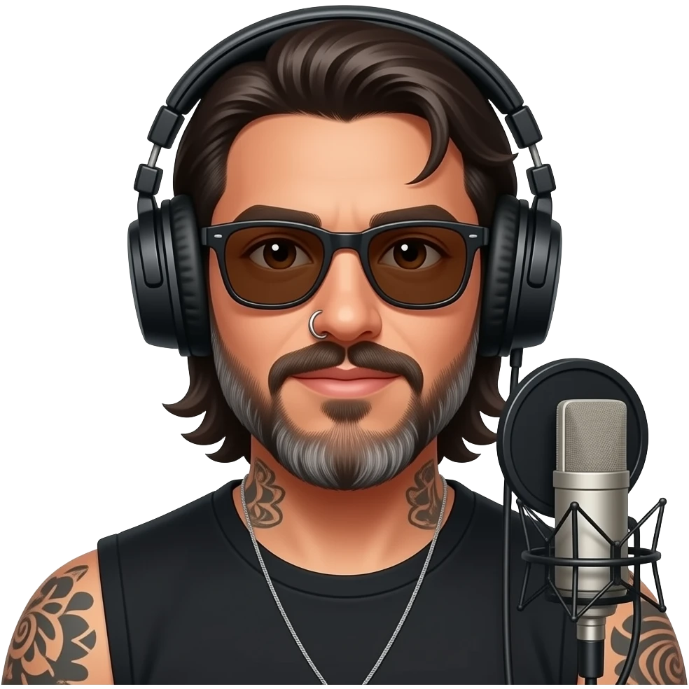 The handsome manly Latino podcast host with medium length hair, a long  slightly graying beard and tattoos with his ears pierced and a nose ring on the right side, dark brown eyes, dark sunglasses, headphones, recording an episode emoji