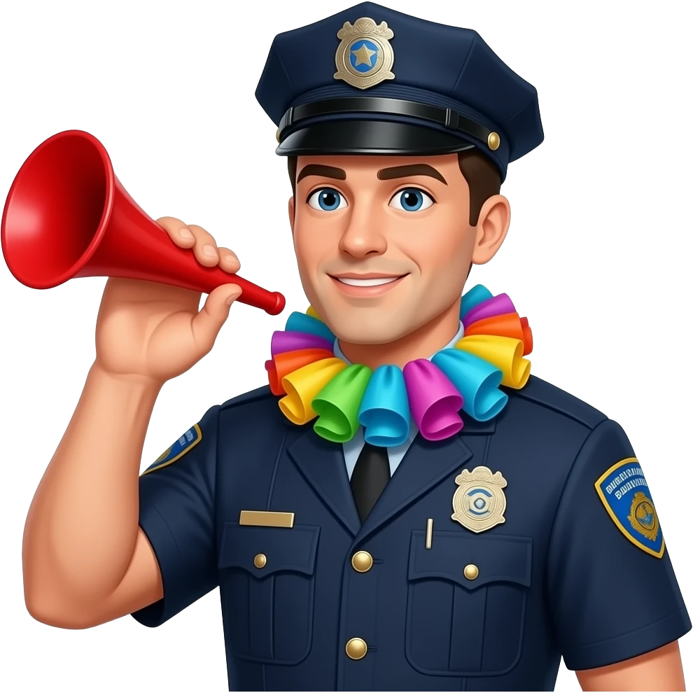 police with party ruffle on his neck and a party horn emoji