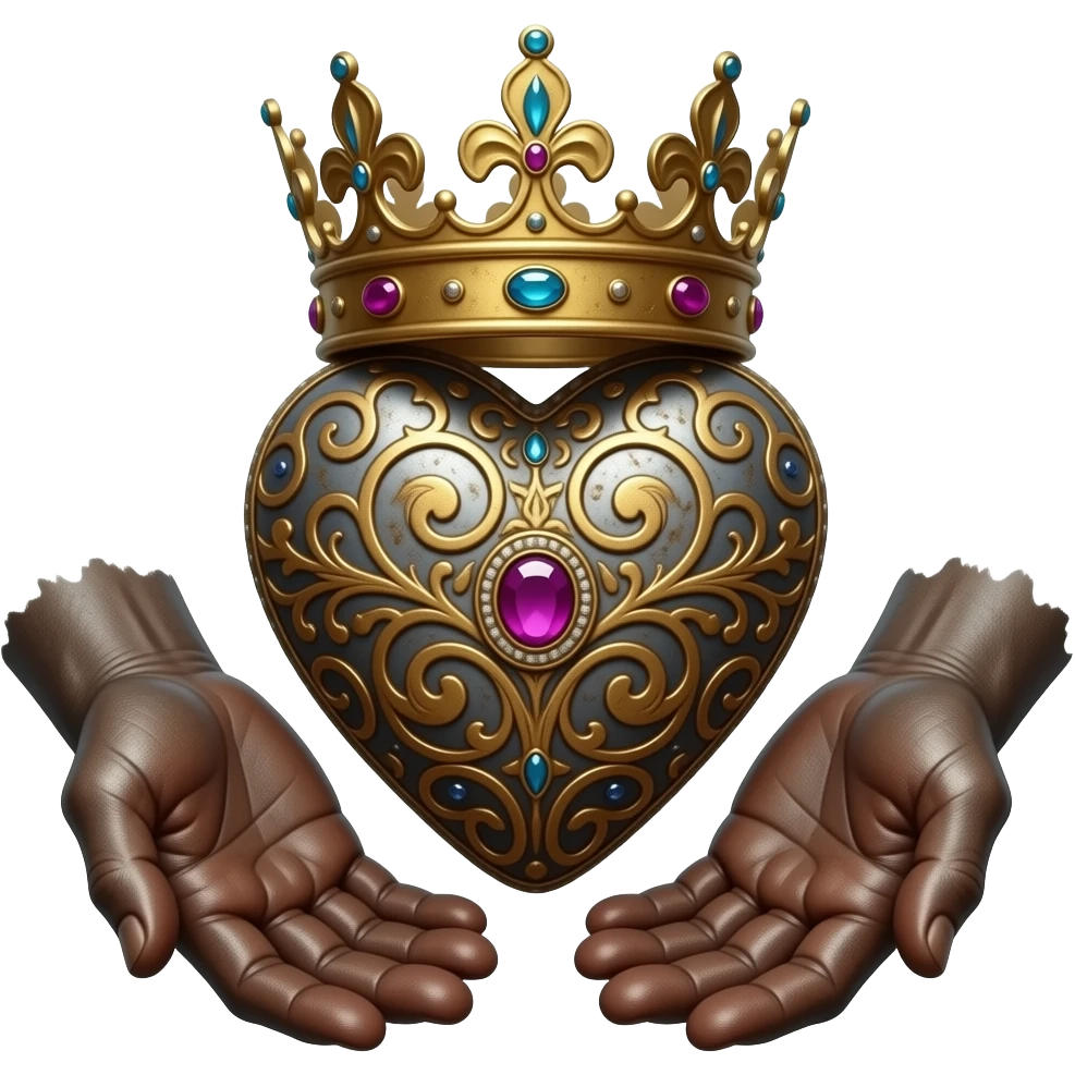 two rusty hands touch with their fingers (fingers are facing down and palms are facing up)  a rusty heart richly ornamented with arabesques and studded with precious stones with a richly decorated royal crown, dramatic lighting - backlight emoji