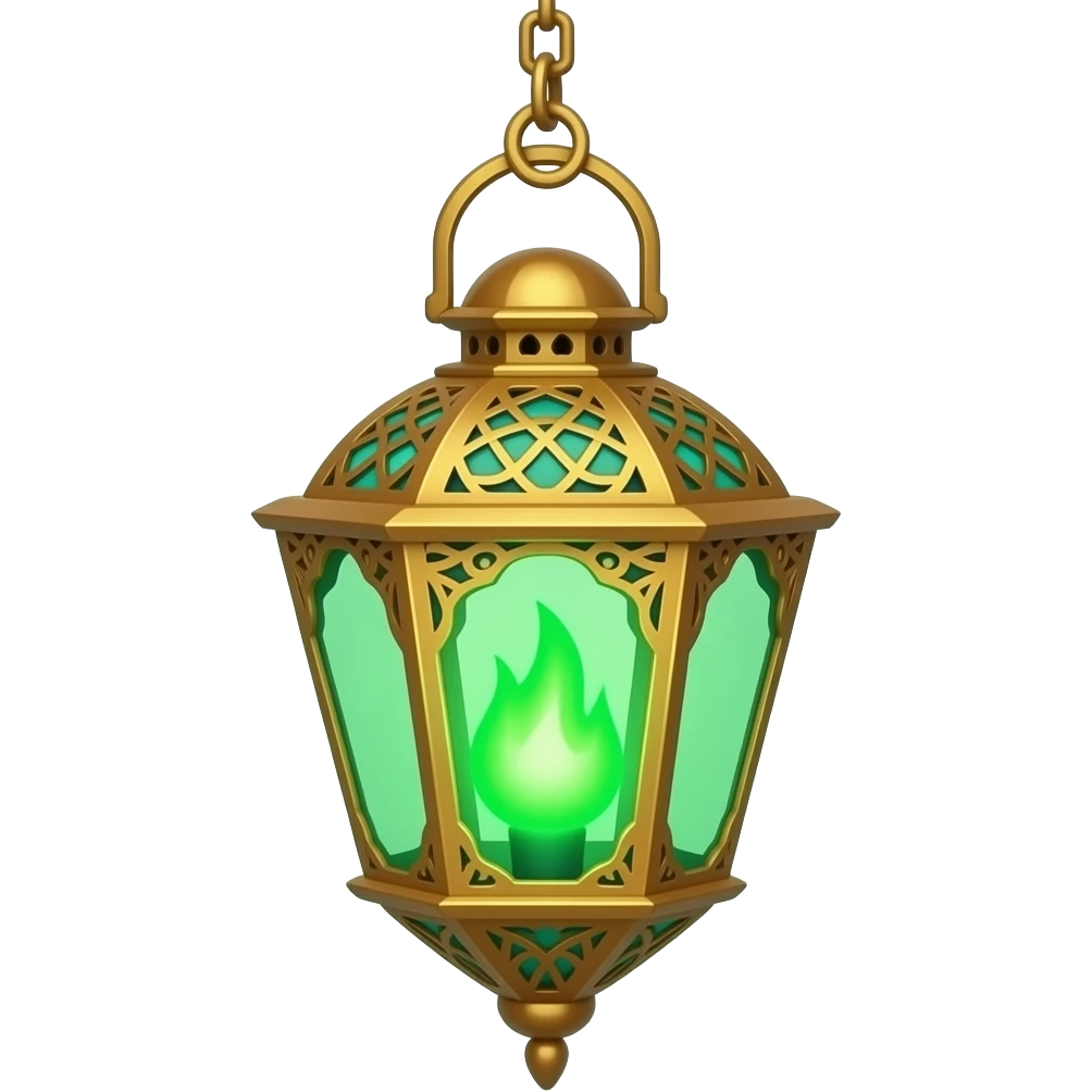A golden hanging lantern with a bright emerald green flames, no wire or chain, fae filigree worked into the design, but simple focus more on the green flame emoji
