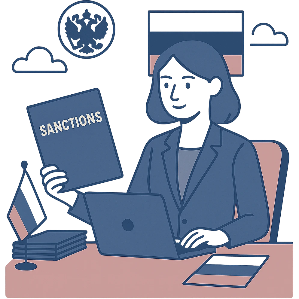 Russian Ministry of Finance employee dealing with sanctions, cool tones, professional attire, calm expression, organized office setting, Russian motifs emoji