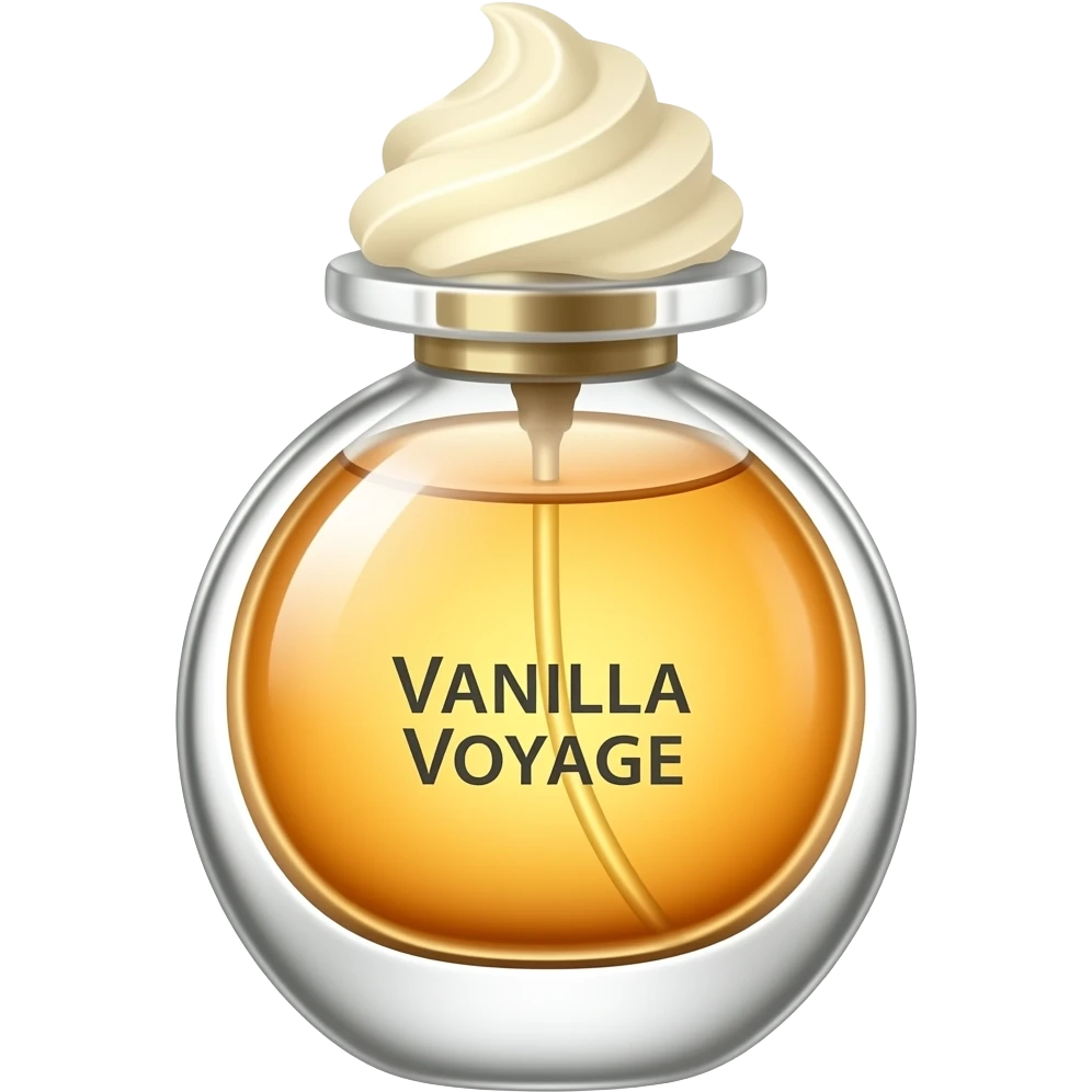 vanilla voyage perfume bottle - amber liquid, bottle cap looks like whipped cream, bottle shape is round emoji