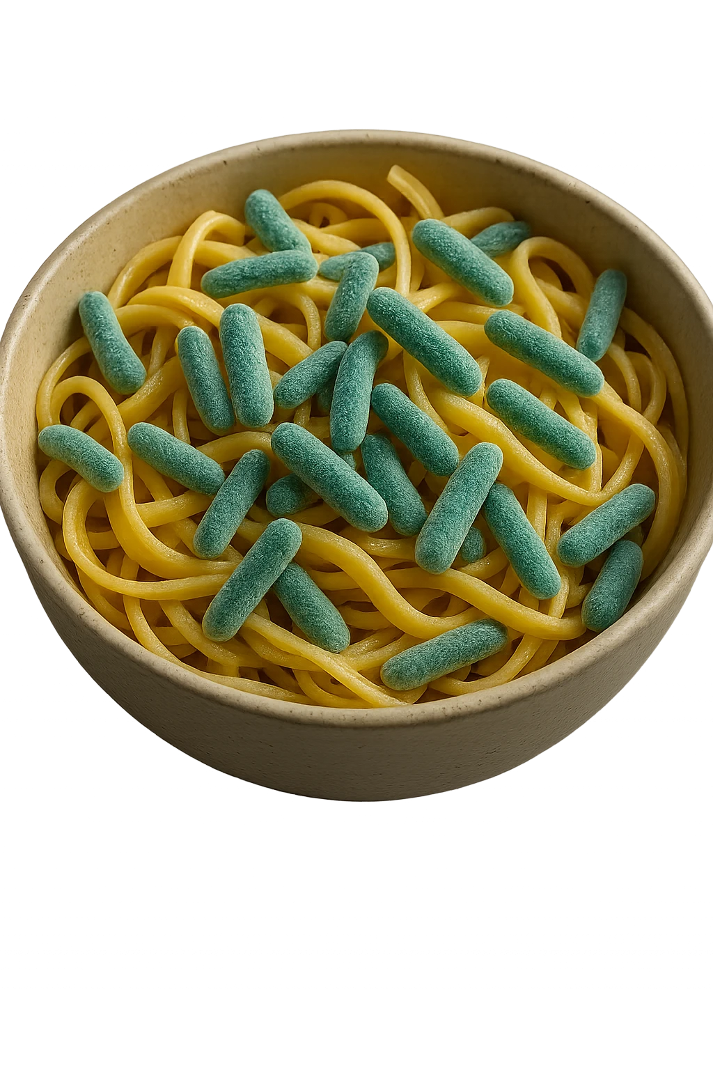 BOWL DI PASTA CON BATTERI INTESTINALI DENTRO, iperrealistico 4k emoji