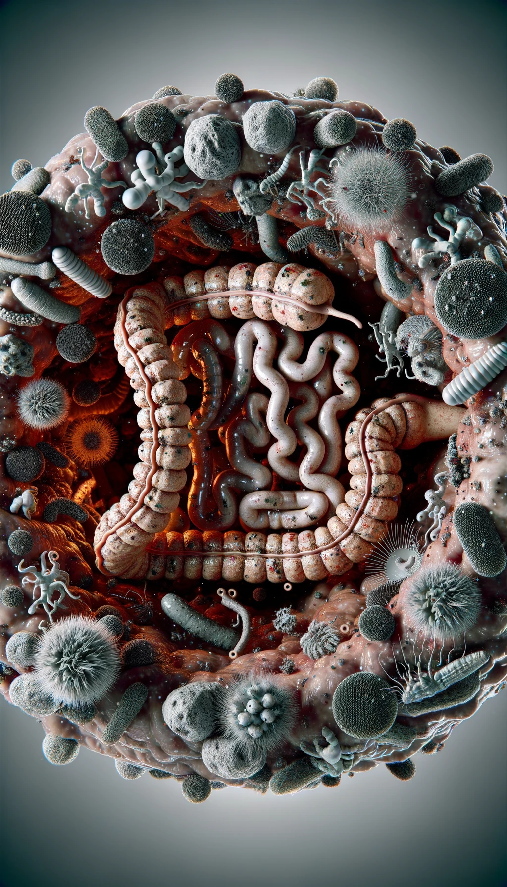 INTESTINO UMANO ANATOMICO REALISTICO CIRCONDATO DA PARASSITI E BATTERI INTESTINALI, IPERREALISTICO 4K emoji
