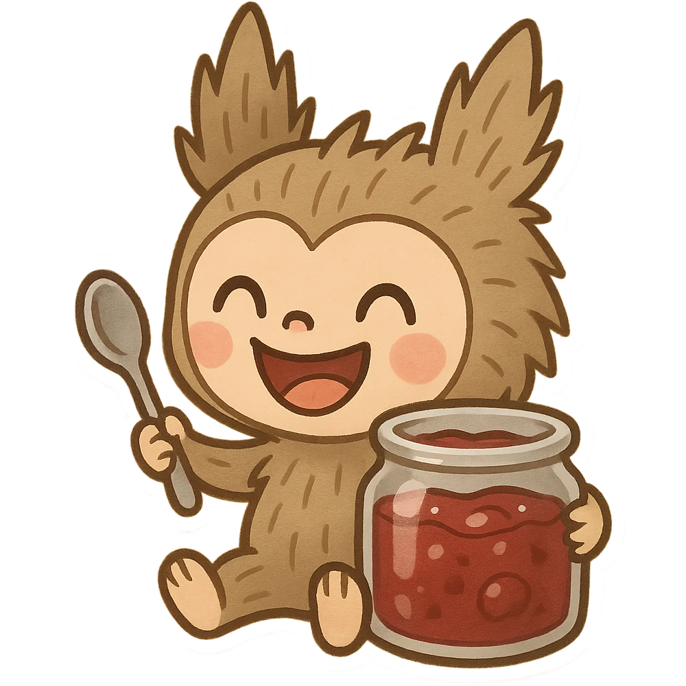 Labubu with a spoon, enjoying jam from a jar, playful and cheerful, cartoon style emoji
