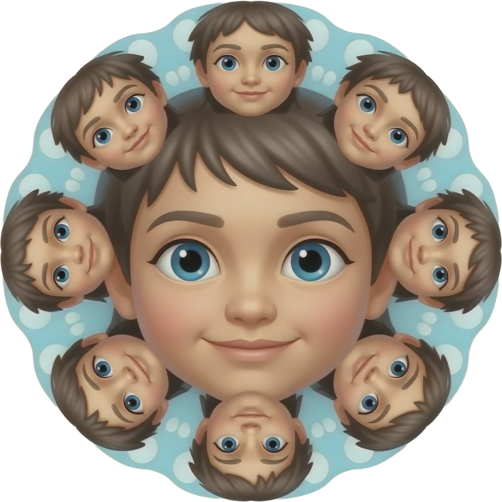 “kaleidoscope effect, child face, multiple mirrored faces, soft blur, dreamy bokeh background, warm tones, smooth blend, abstract swirl, high detail” emoji