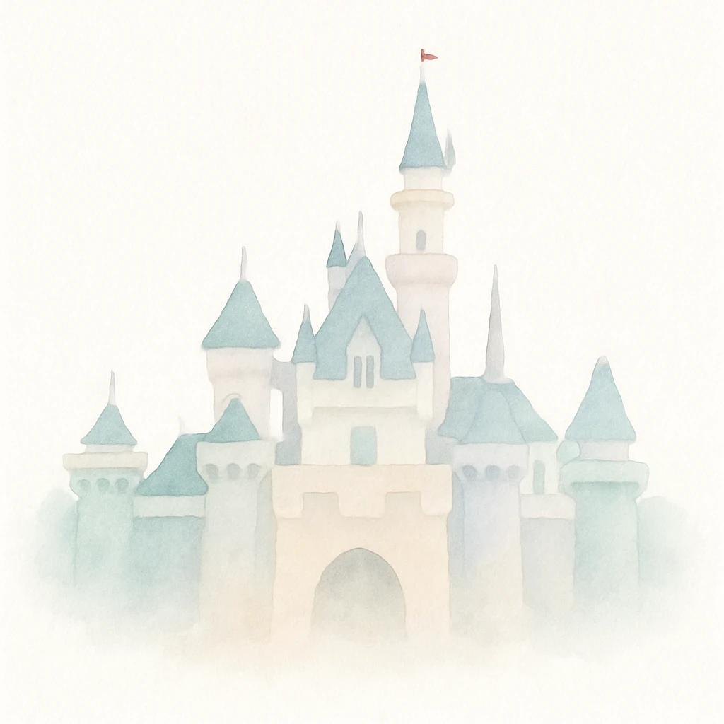 Disneyland castle, elegant, soft watercolor effect, gentle lighting, fantasy illustration emoji