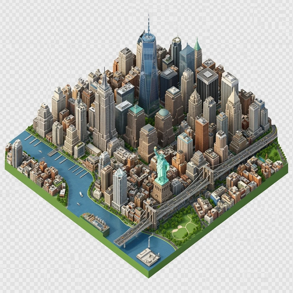 Isometric miniature of New York Сity Empire State Building, One World Trade Center, Statue of Liberty, Brooklyn Bridge, and Central Park chaotic low-rise blocks in outer boroughs 3D miniature effect and Tilt Shift effect, no cartoonish look, transparent background. emoji