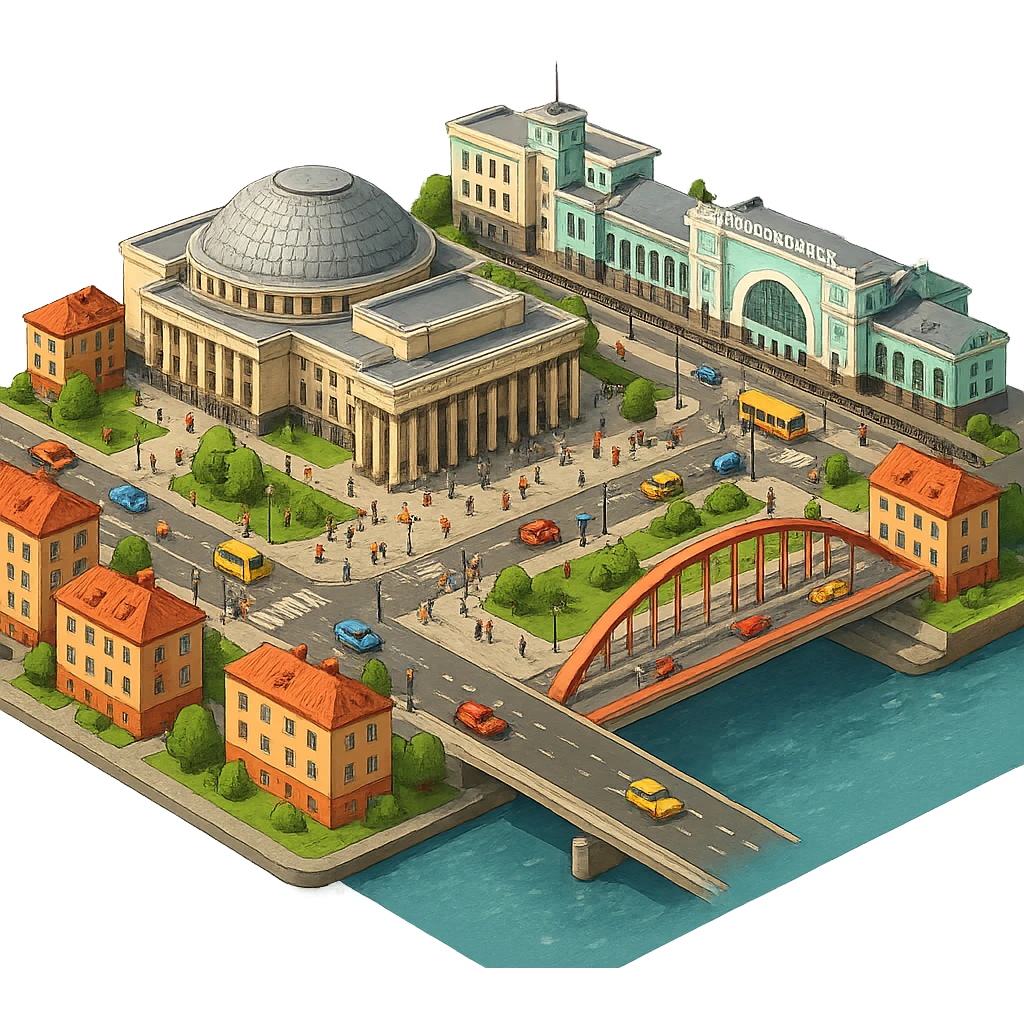 Изометричная миниатюрная фотореалистичная 3D модель Новосибирска - Опера, Вокзал, мост через Обь, дома, четкая детализация, яркие цвета, мультяшный реализм, люди, автотранспорт, компактная композиция, вид сверху в изометрии, прозрачный фон emoji