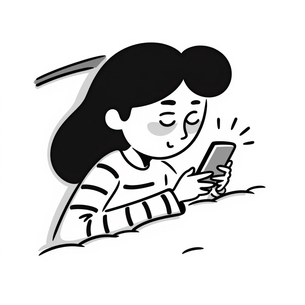 A girl lying in bed, staying up late playing on her phone. She looks exhausted, with dark circles under her eyes and appears very tired emoji