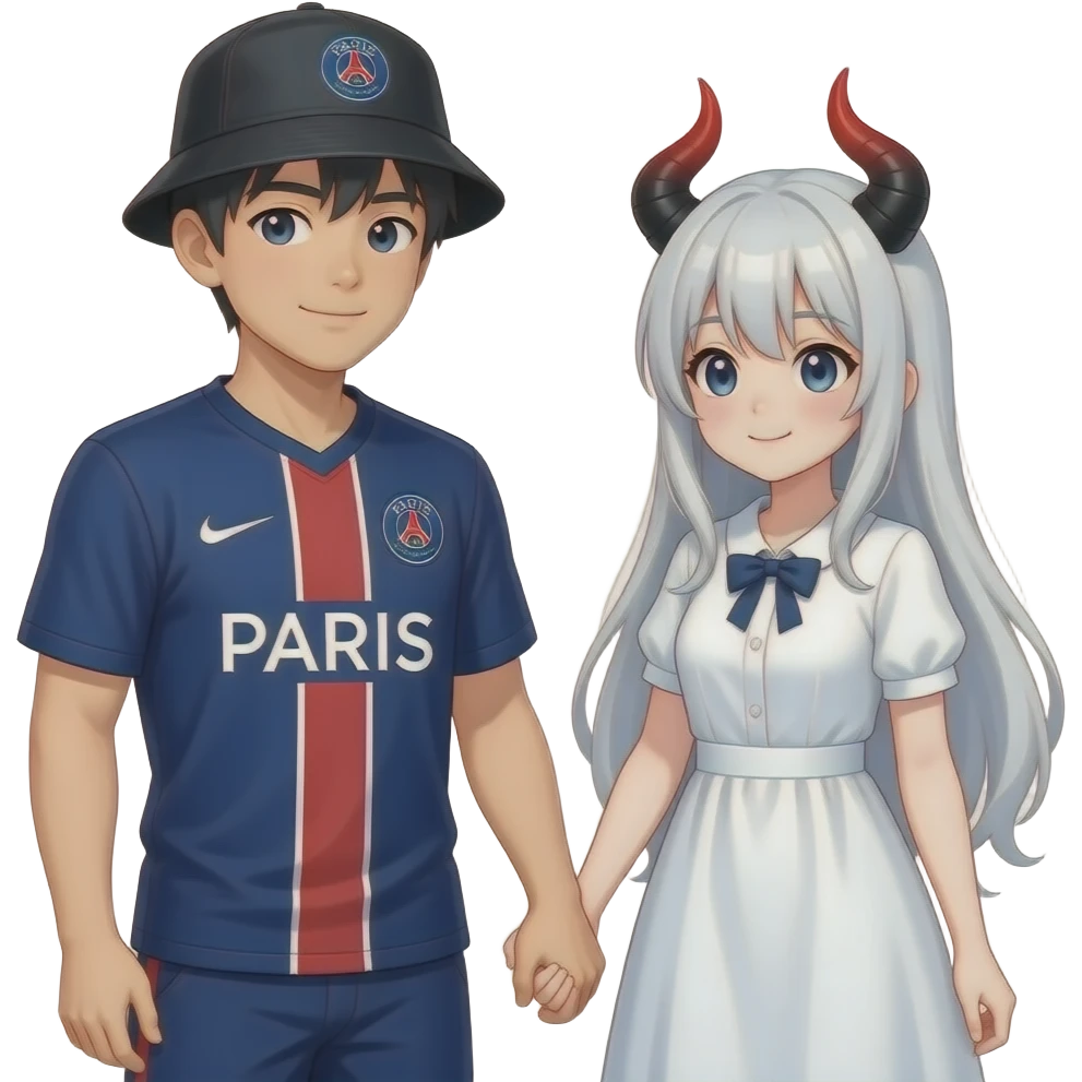 romantic date holding hands. The guy is asian an wears a black fishing hat and a dark blue soccer tricot from PSG. The girl is dressed as an anime girl with a white wig, white dress and black-red horns emoji