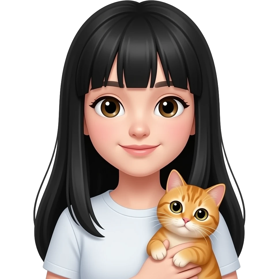 Une fille adolescente avec une peau clair avec des cheveux lisses très longs noir style clean girl qui tient et câline un chat orange emoji