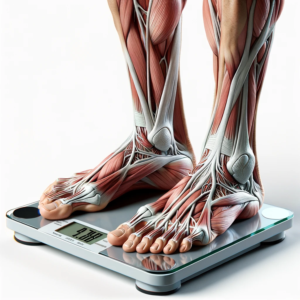 piedi di un corpo umano anatomico su una bilancia pesapersone, si sta pesando perché è ingrassato, iperrealistico 4k, isolato su sfondo bianco emoji