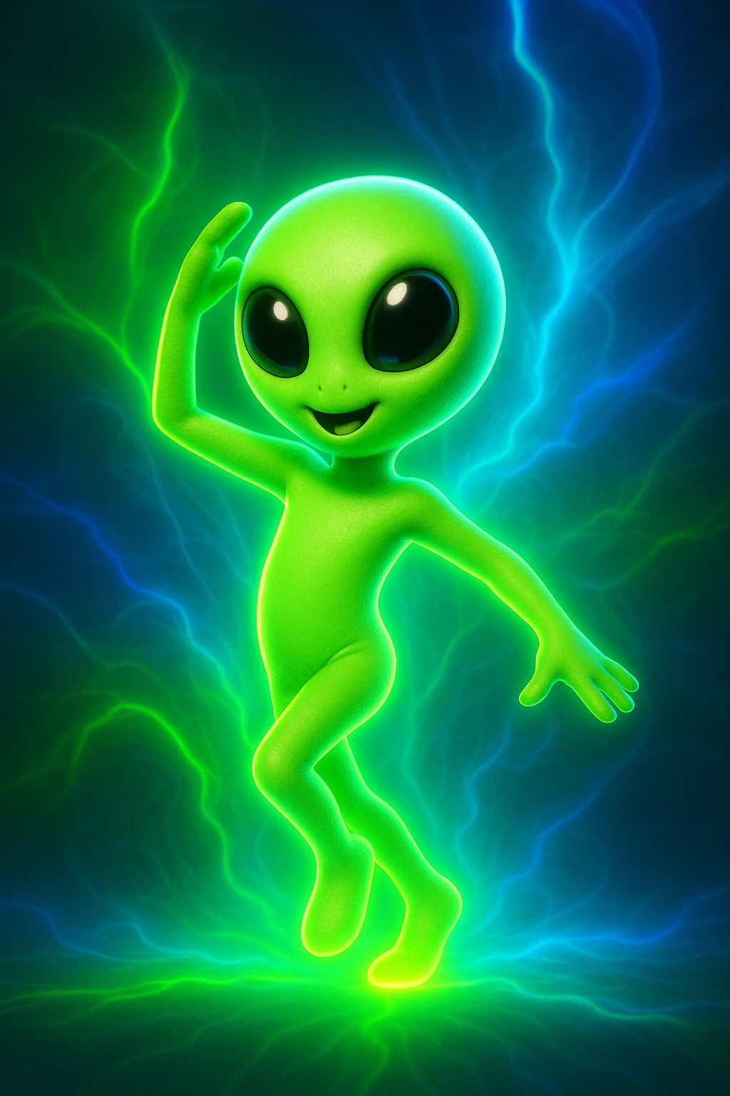 An alien dancing in neon green with a 3D effect and glowing background, in a different pose. Focus on the 3D neon green glow and luminous background. emoji