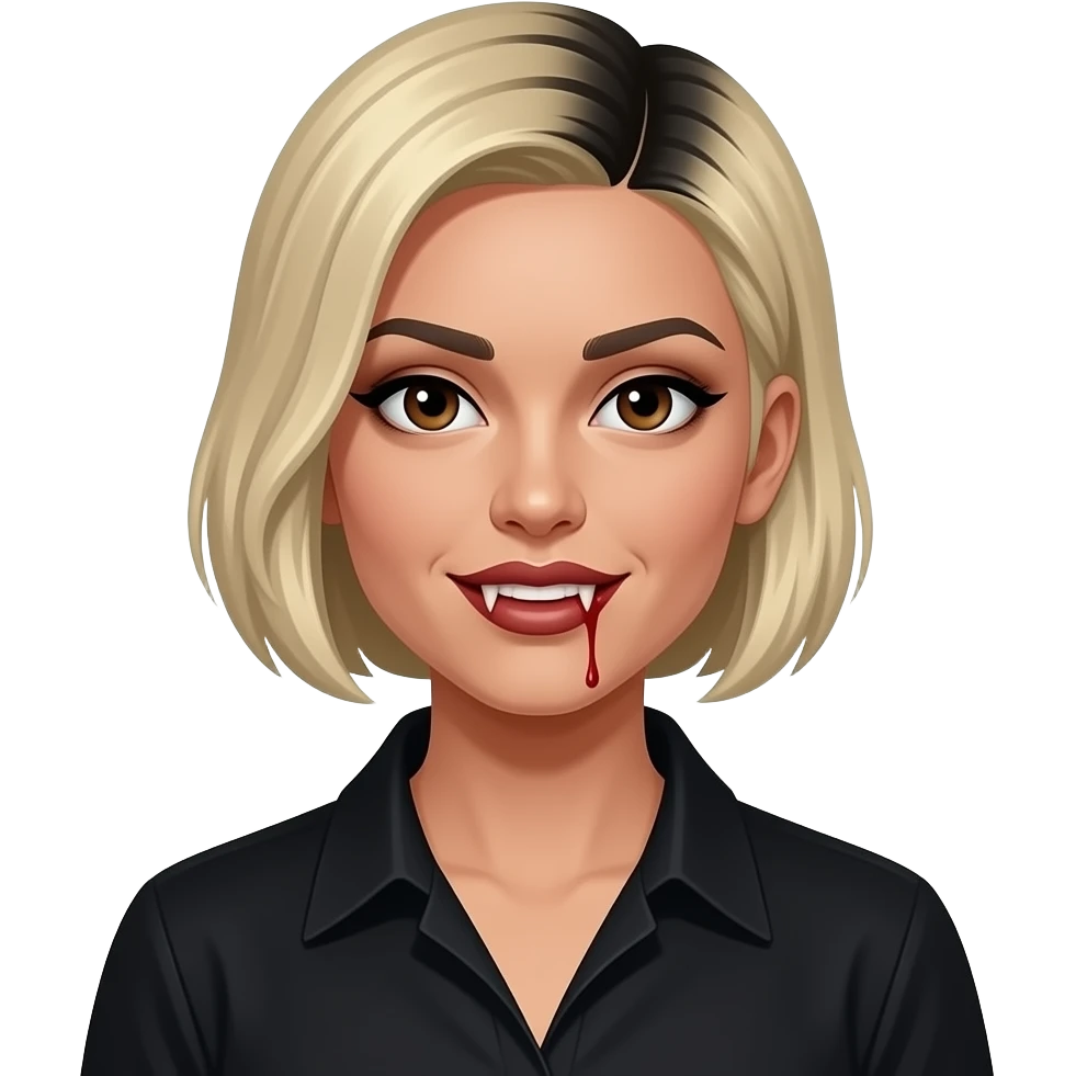 women blond medium short hair to the side with black roots, black skin, brown eyes, black shirt,  dracula teeth with blood on the fangs emoji