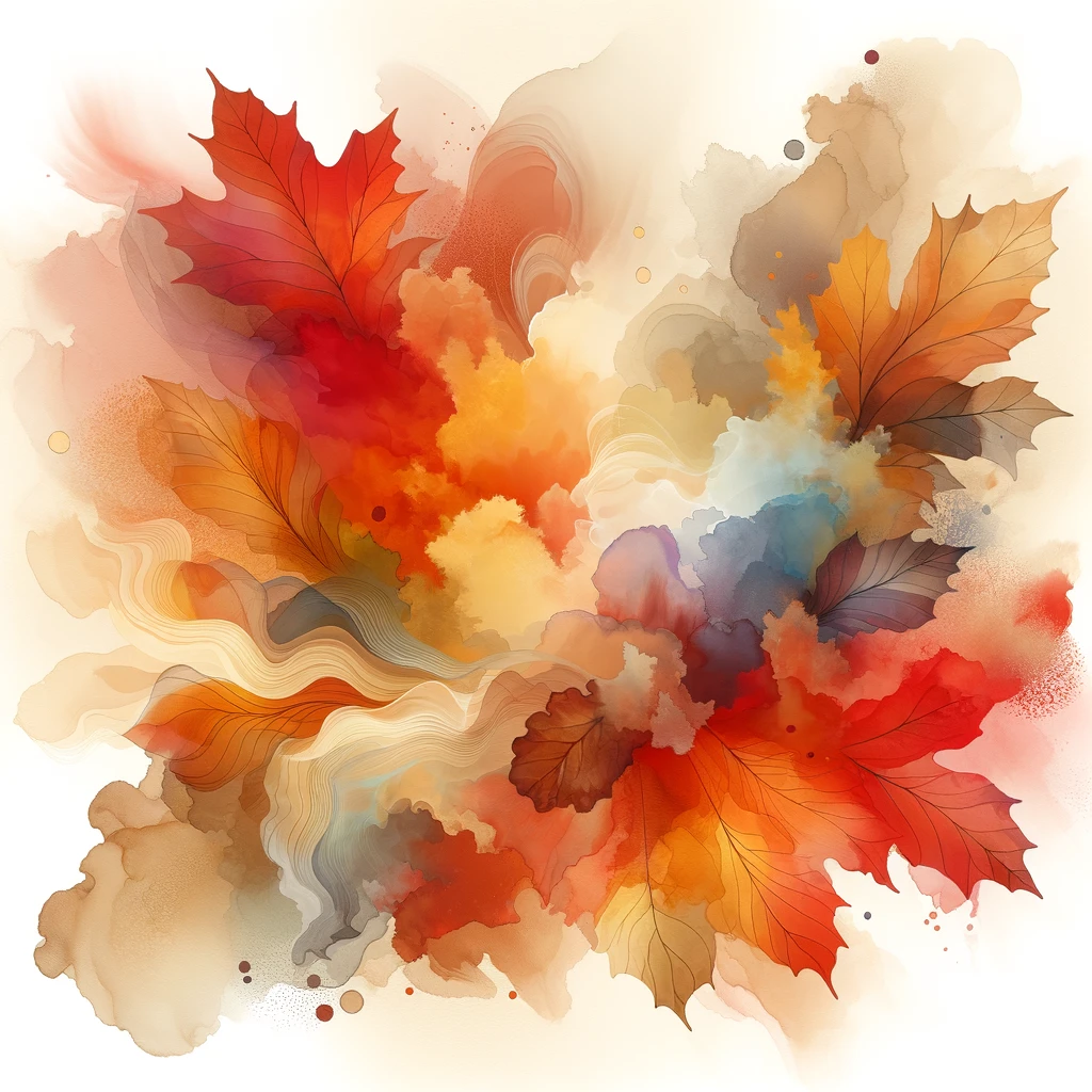 Autumn background, soft watercolor texture, warm fall color palette (orange, red, yellow, brown, beige), abstract flowing shapes, gentle gradients, artistic handmade look emoji