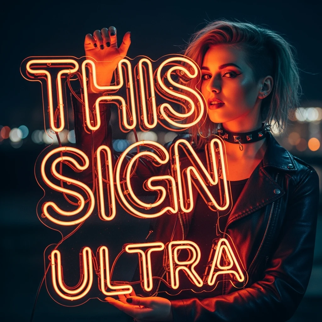 make a girl holding this sign, but sign in made of neon, also add ultra below the sign emoji