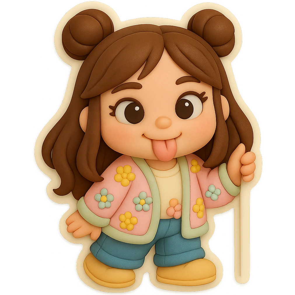 3D chibi fondant cake art style, high-quality rendering with smooth shadows and soft gradients. Girl based on reference image preserving facial features and eye shape exactly as in the reference. Long brown hair in two space buns, brown eyes, jeans, pastel floral cardigan, shoes. Thick white outline like a sticker, transparent background. Sticking out her tongue playfully, looking like a kind tease. Ensure the face, hairstyle, eye shape, and shoes match the reference exactly. emoji