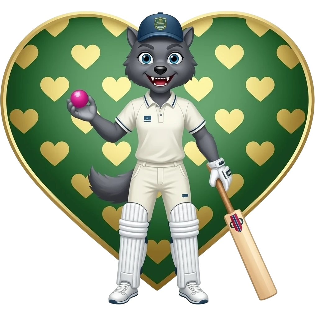 Scary Green and gold heart background with a grey scary female adult snarling werewolf wearing cricket player holding a pink cricket ball and cricket bat emoji
