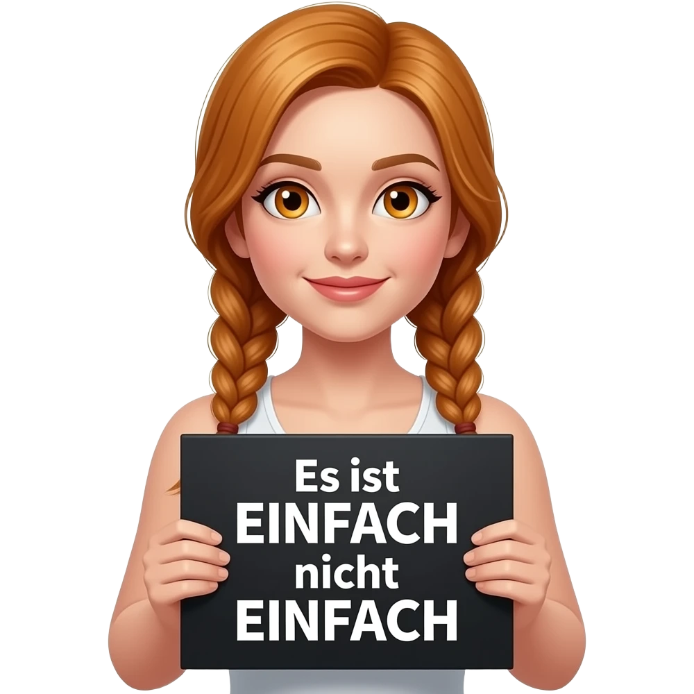 sexy girl with long ginger braids and ginger eyes wearing a white tanktop is holding a black sign with Es ist EINFACH nicht EINFACH written on it emoji