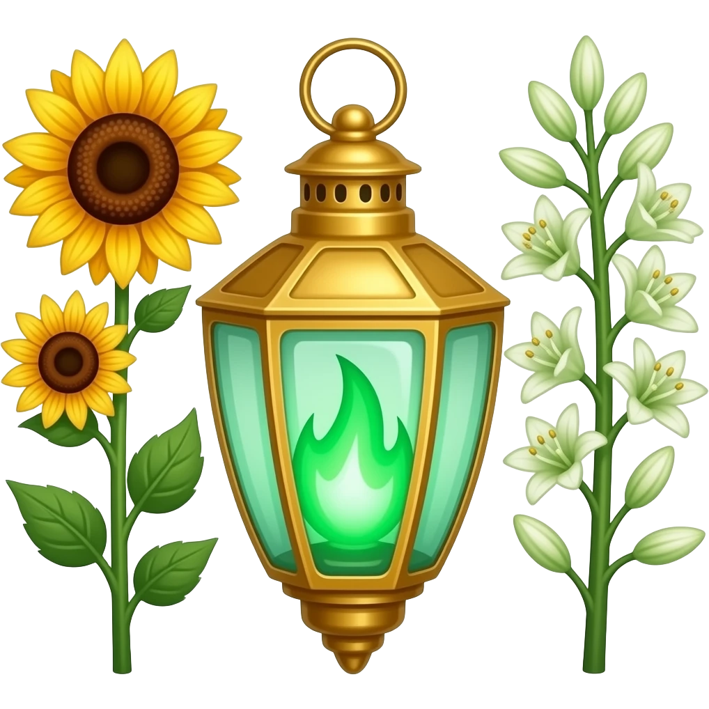 A golden hanging lantern with a bright emerald flames, an empty loop on top, fae themed sunflowers on the left and fully bloomed asphodels on the right as part of the design, but simple focus more on the green flames, paint the glass more green, have its bottom point come to some sort of point emoji