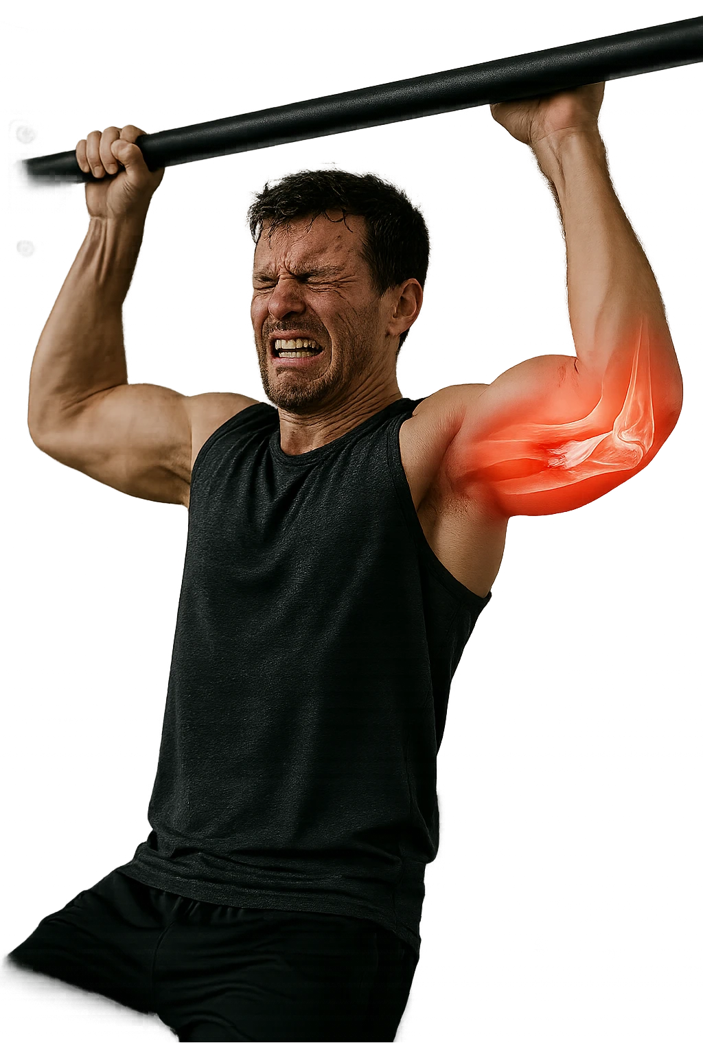 a man in gym attire is performing a pull-up on a bar when his face suddenly contorts in pain. His elbow is highlighted with a bright red glow, and a semi-transparent overlay reveals a visible tear or injury in the joint structures (such as ligaments or tendons). The background is a modern gym, with anatomical posters and equipment. emoji