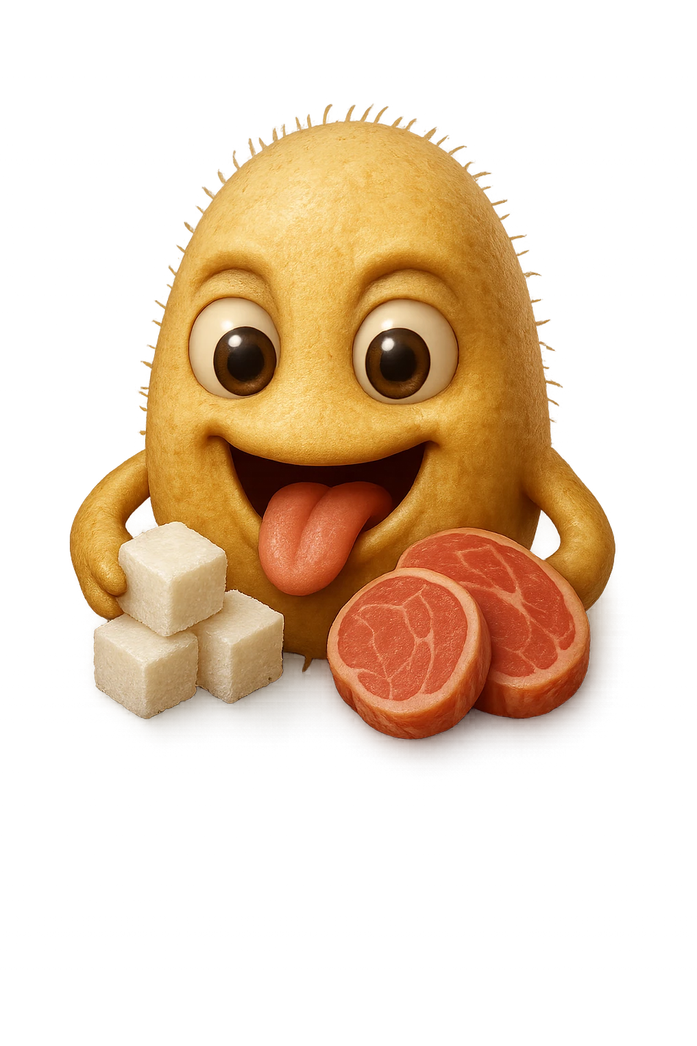 emoji stile iphone realistica di un batterio della candida con espressione affamata che si nutre di zollette di zuccheri e fettine di carne, IPERREALISTICO 4K emoji