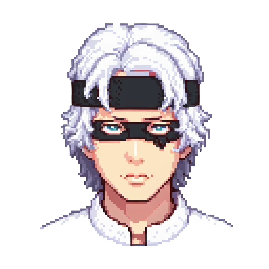Pixel art Gojo Satoru, close-up face, white hair, black blindfold, anime-inspired, retro game style emoji