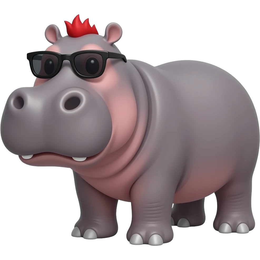 hippo with sunglassess face front view and red hair emoji