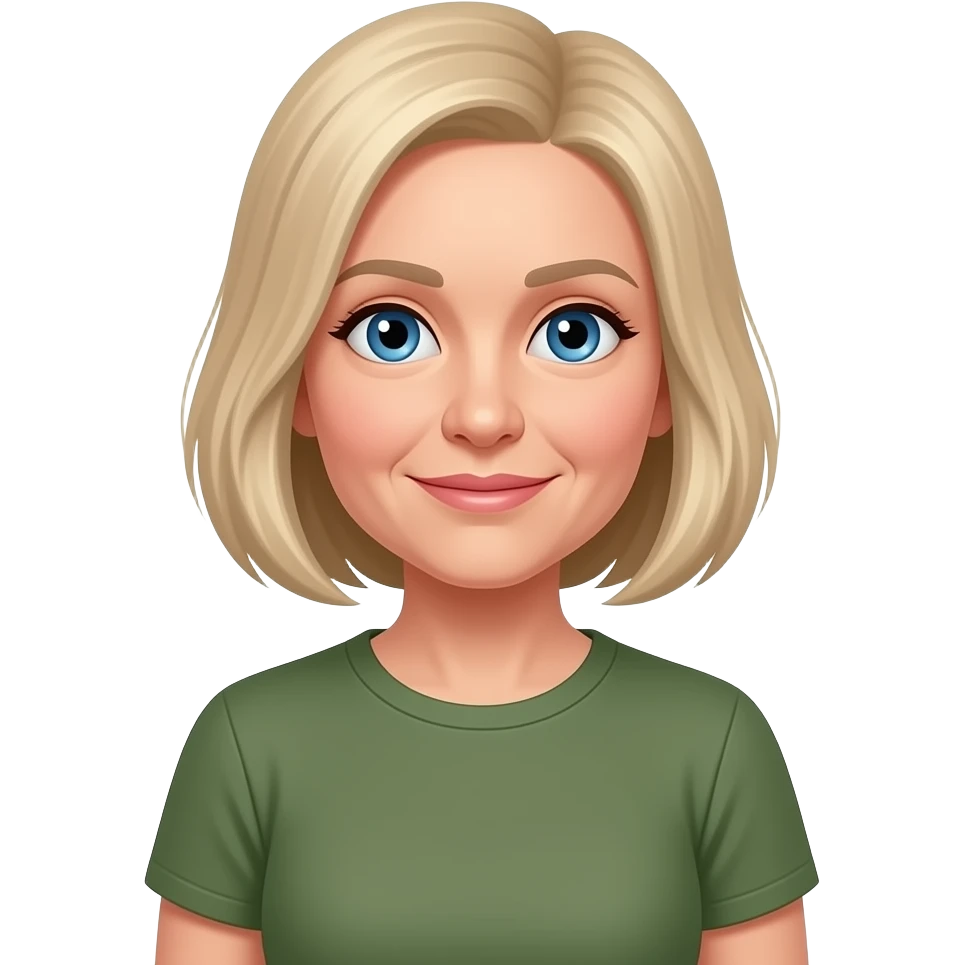 old lady, short blond hair shoulder, blue eyes, olive tshirt emoji