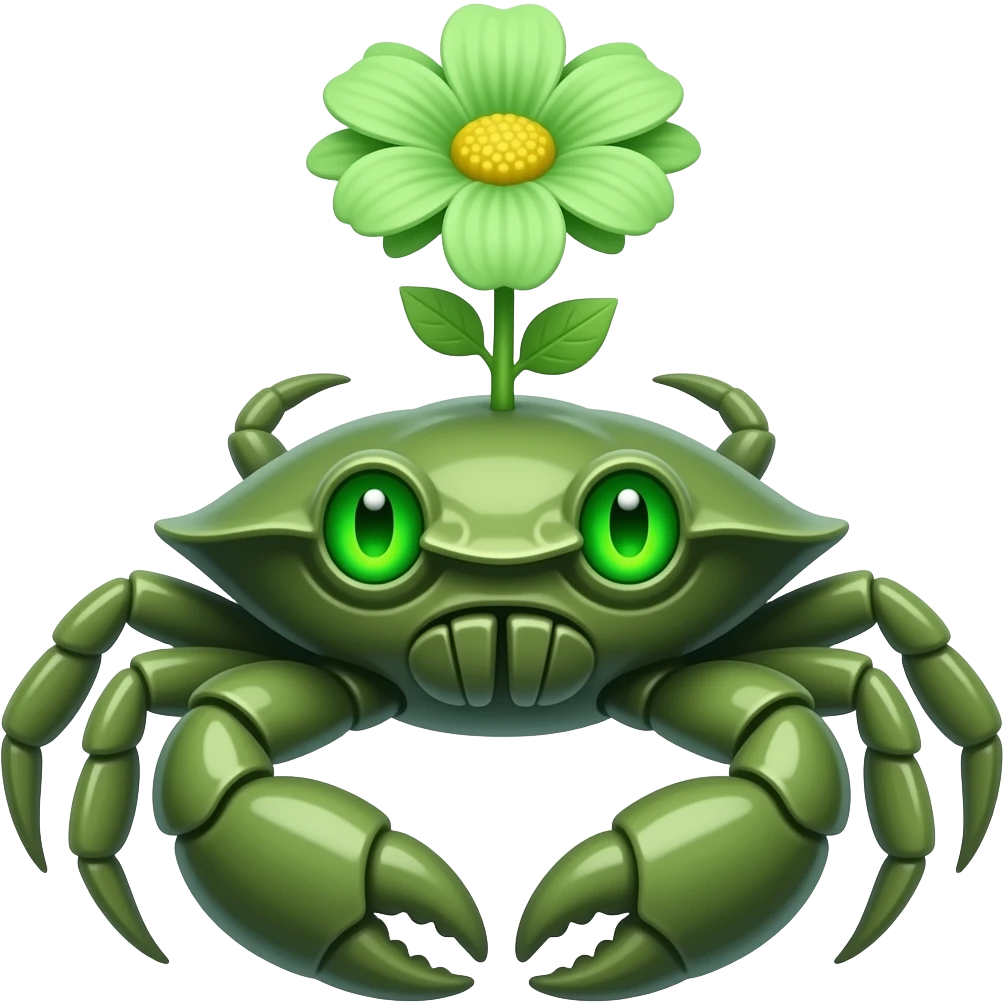 A green crab with a green  flower growing on its back on its back green eyes glowing eyes facing forward emoji