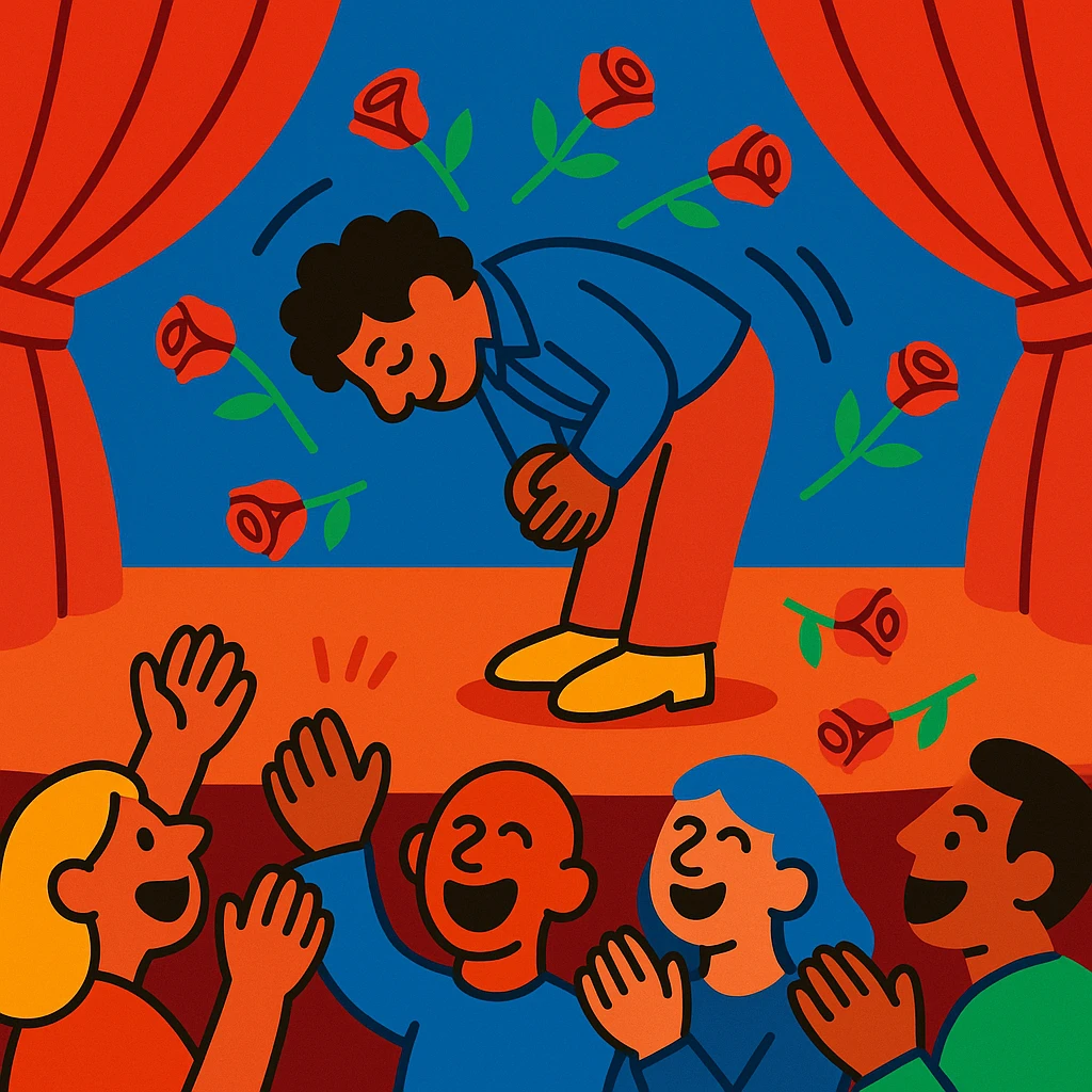 a person bowing on stage for a crowd, roses being thrown at them, clear expressive style emoji