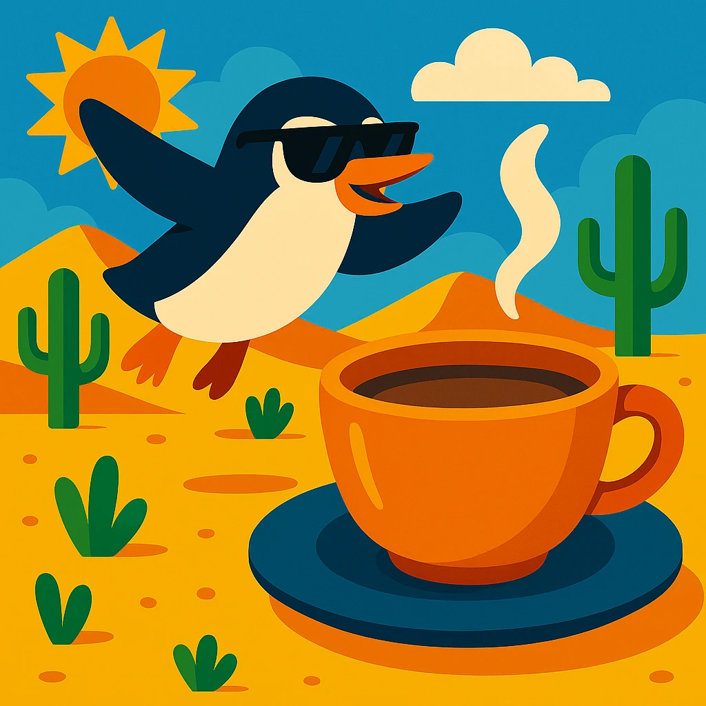 Add sunglasses to the penguin, keep the vibrant and playful style, flying in the desert next to a big cup of tea. emoji
