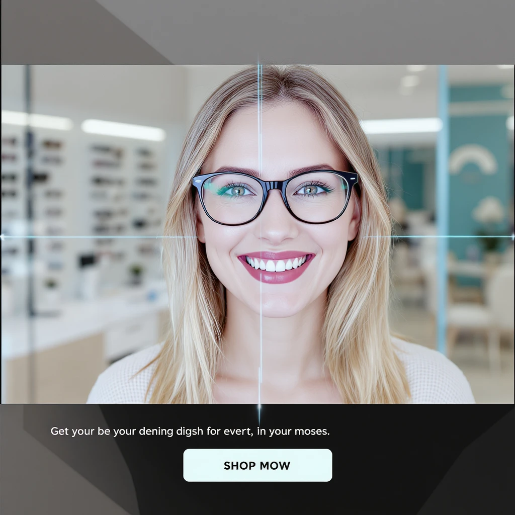 TV Advertising of a smiling european white woman with glasses smiling, minimalistic ophthalmologist interior in background, leading  lines, rule of thirds emoji