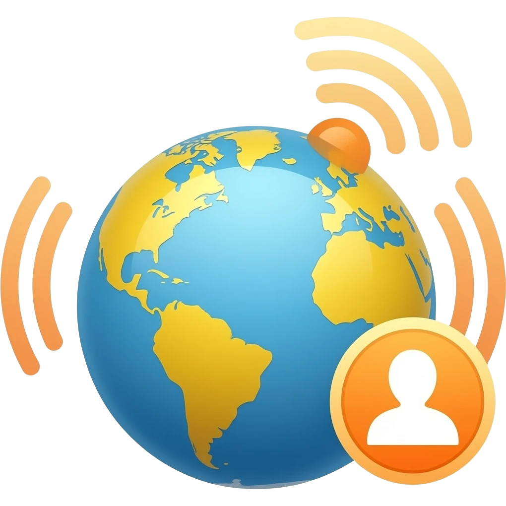 Minimalist flat design icon, clean vector style, soft gradients, modern, no text, transparent background. Minimalist flat design icon of a globe with digital signals and a small notification symbol, orange and yellow color palette, representing current times and modern society emoji