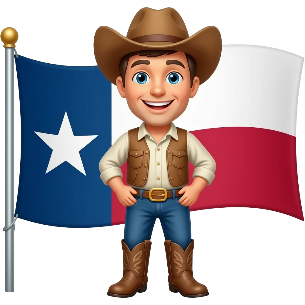 a happy Texas flag wearing boots a smile and a cowboy hat emoji