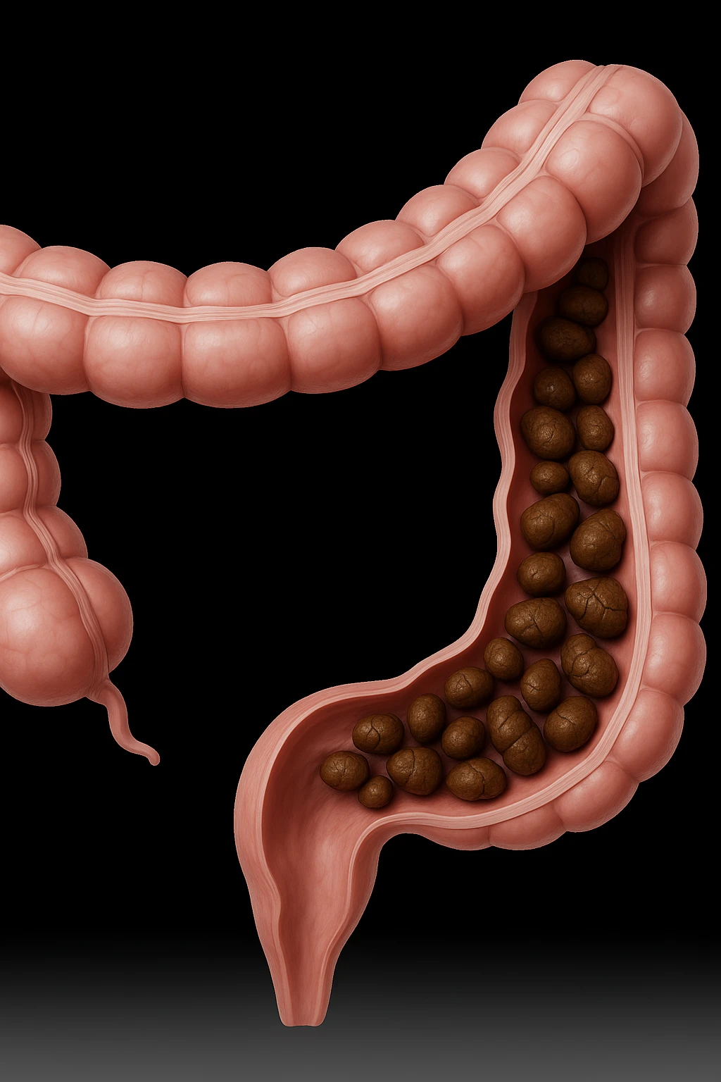 colon umano anatomico con feci a pallini all'interno, stipsi, iperrealistico 4k emoji