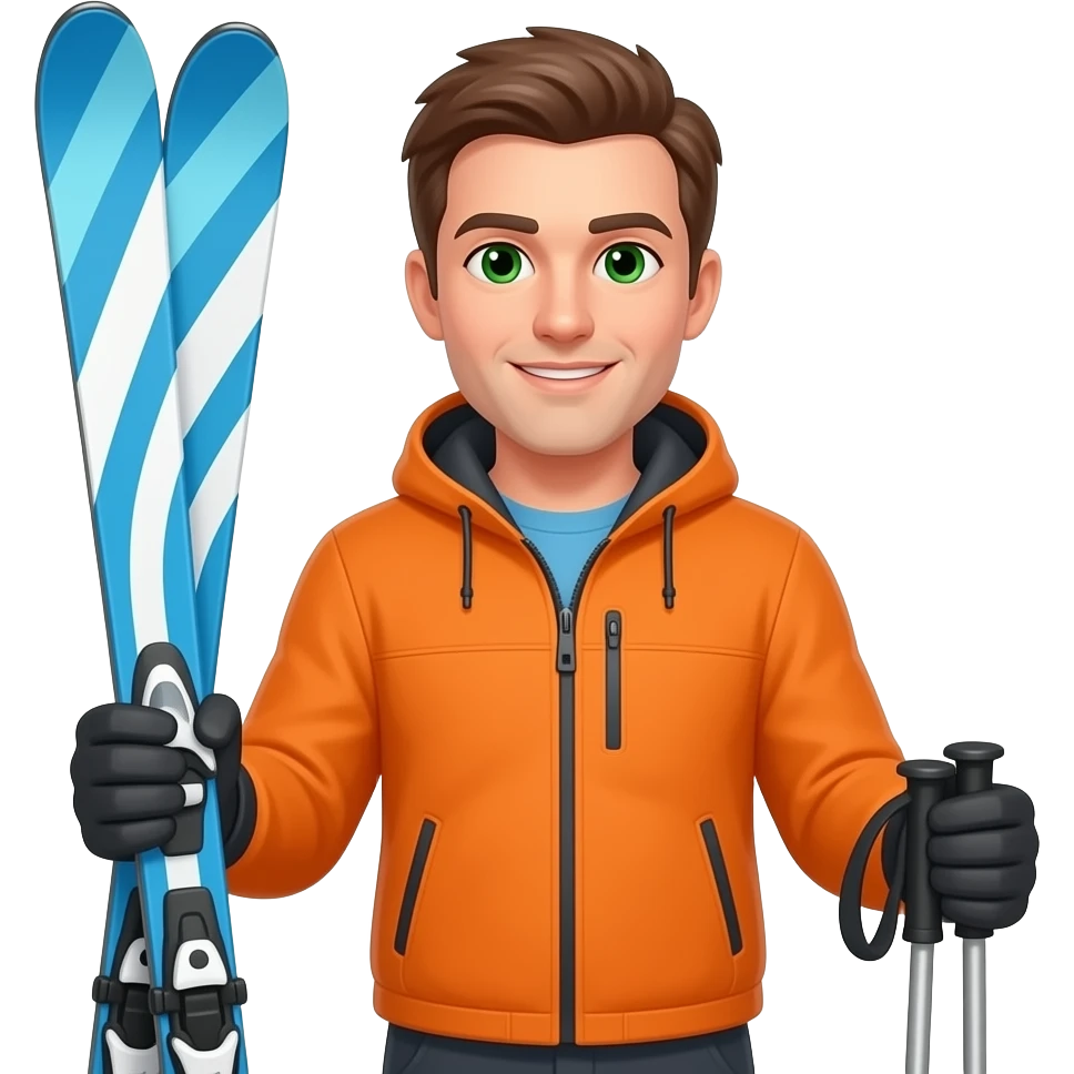 man holding blue and white skis in one hand and poles in the other, no helment, green eyes, organge jacket emoji