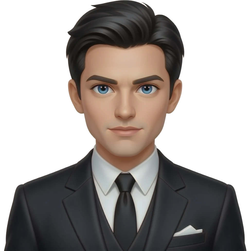 A Duke of the North with very light skin, jet black hair and piercing ocean blue sharp-eyes, wearing a sharp, intimidating all-black or dark navy formal uniform. In the style of the Manhwa "Father I don't want this marriage!" or "Villain, I'll do everything except marriage for you!" emoji