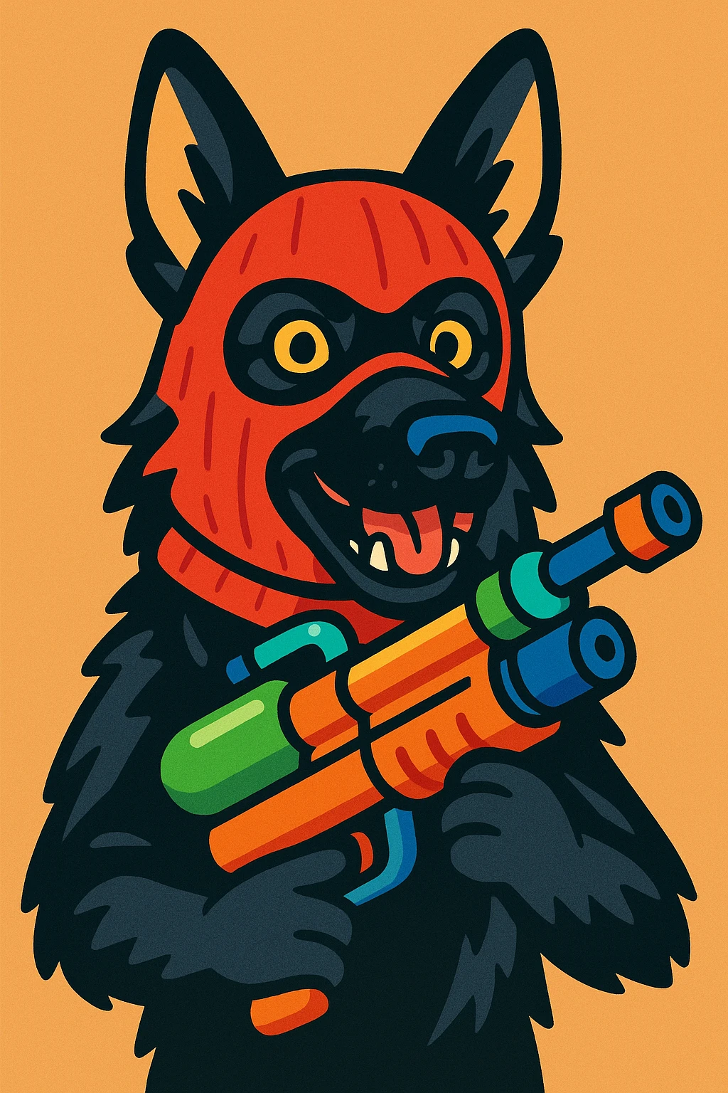 detailed and expressive black German Shepherd dog wearing a ski mask and holding a water gun emoji
