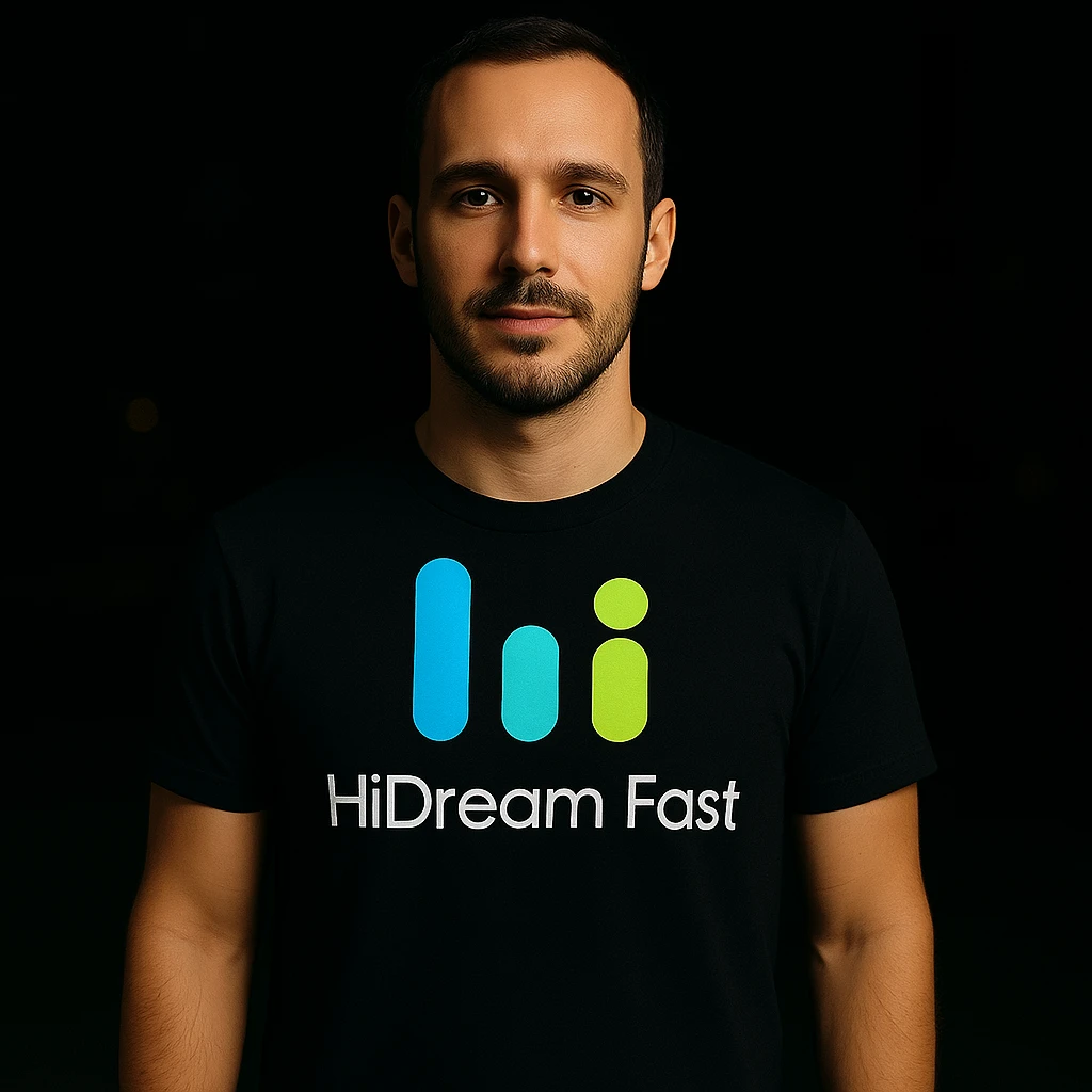 man wearing tshirt with this logo, dark night background with dim , add fast below logo, make man fit into image, add fast insead pf the dev keep rest same emoji