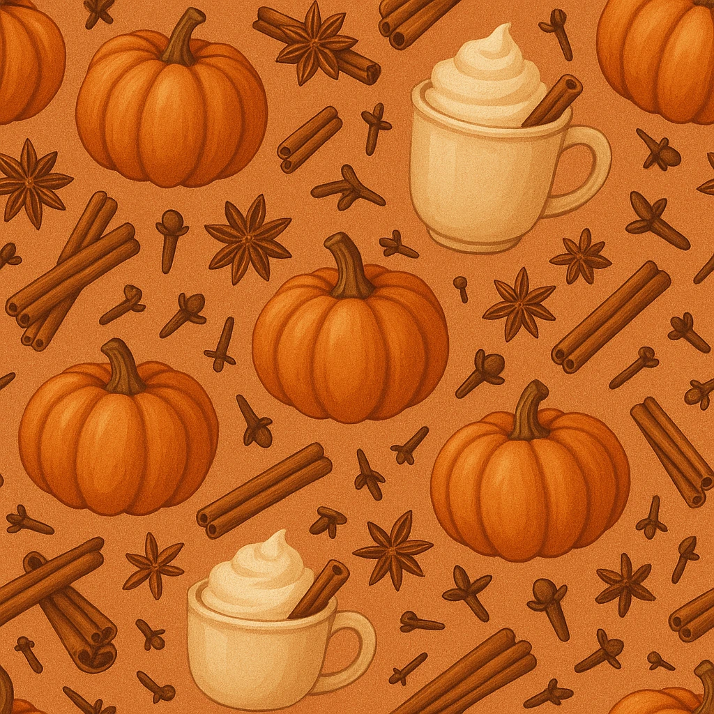 seamless pattern of pumpkins and pumpkin spice, warm orange and cinnamon tones, cozy autumn vibes, soft texture, vector style, high resolution emoji