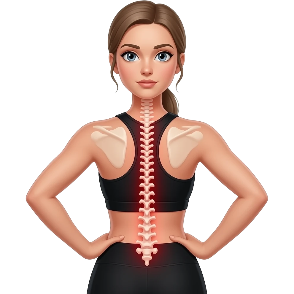 back pain, anatomical highlight of the full spine and back muscles, full red glow over the entire back area, woman with hands on lower back, fair-skinned woman, gray-blue eyes, ash brown brows, ash light brown hair tied back, slim athletic body, black workout set emoji
